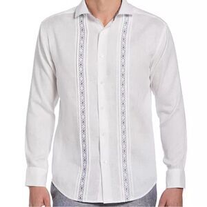 Cubavera White Linen Button Down Shirt with Geo-Embroidered Pintucked Panels